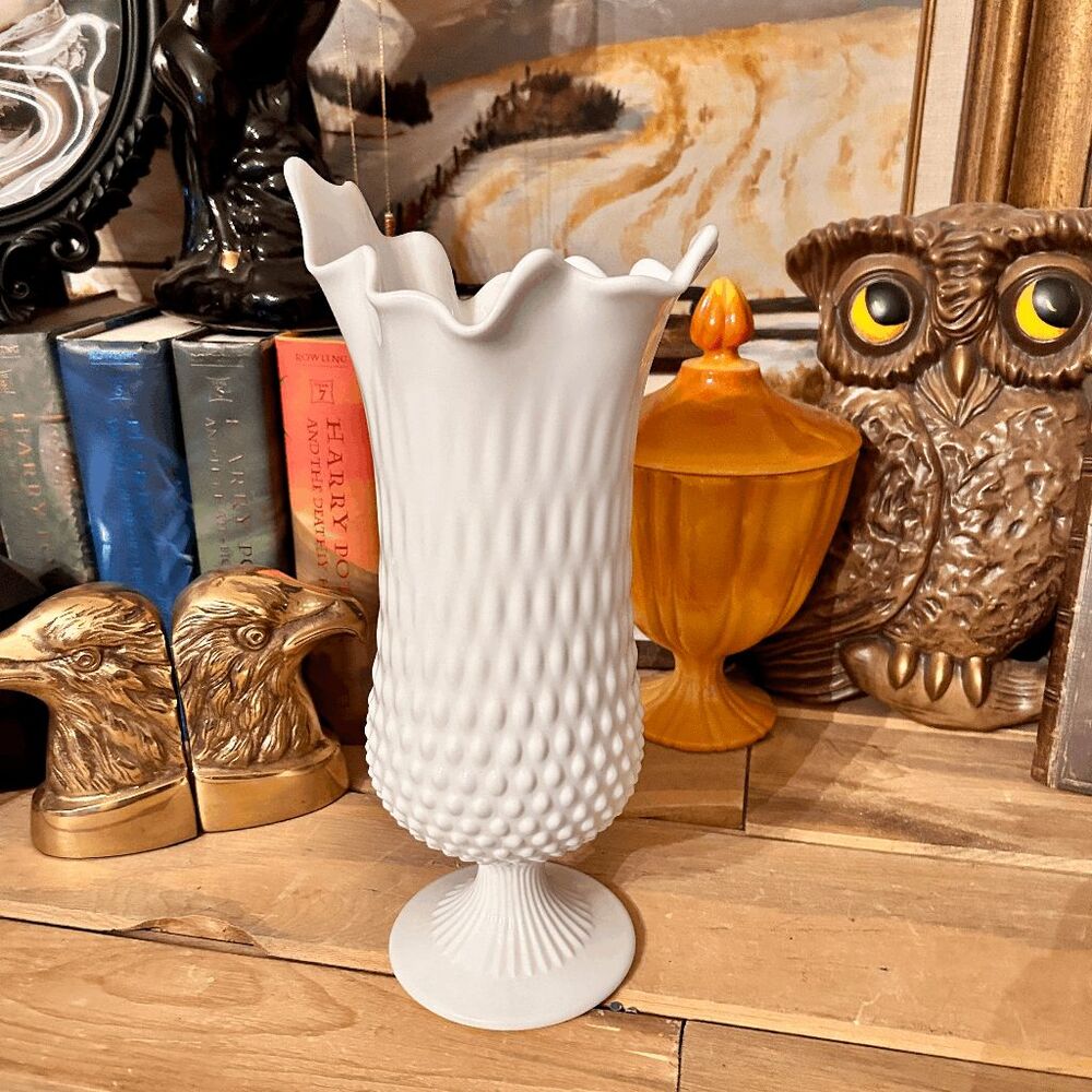 Vintage Fenton White Hobnail Handkerchief Pedestal Vase - 13" Swung Large Vintag